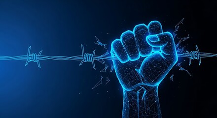 Blue digital fist shattering barbed wire, representing freedom and overcoming obstacles