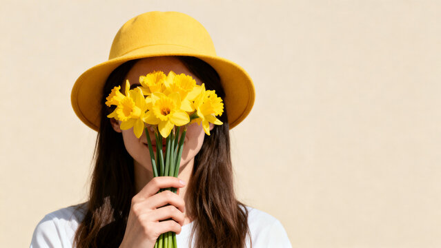 Woman Holding Yellow Daffodils Covering Face. Spring Fashion Portrait with Hat, Minimal Aesthetic Floral Concept on Neutral Background