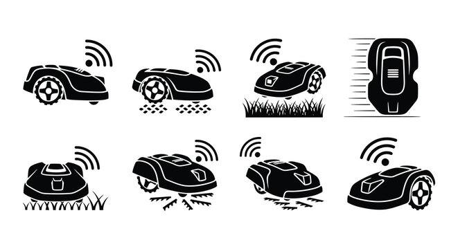 Black and white icons depicting robotic lawnmowers in various positions
