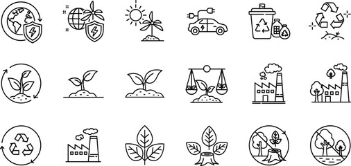 Fototapeta premium Sustainable green energy and environmental conservation line icon set featuring renewable solar wind power electric vehicle recycling and global ecology vector