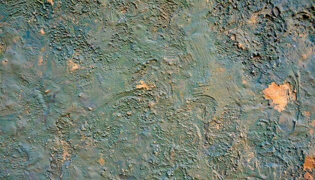 Closeup of textured terracotta surface with green brown hues and visible brush strokes