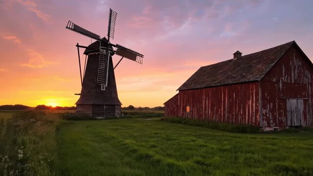 Beautiful sunset over vintage windmill and red barn. Scenic rural landscape showcases harmony between nature and agriculture. Calm atmosphere invites relaxation and reflection.