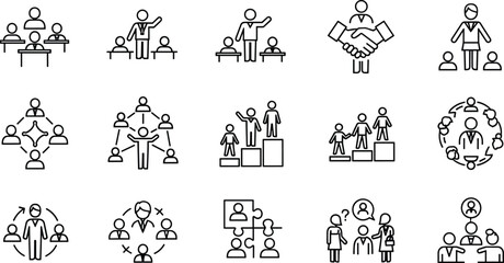 Business leadership and team management line icon set featuring professional collaboration partnership recruitment strategy corporate hierarchy and human resources vector elements