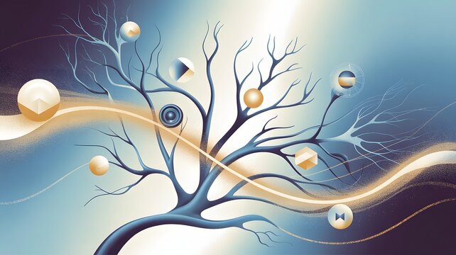 Stunning tree with glowing orbs and swirling lines in blue background