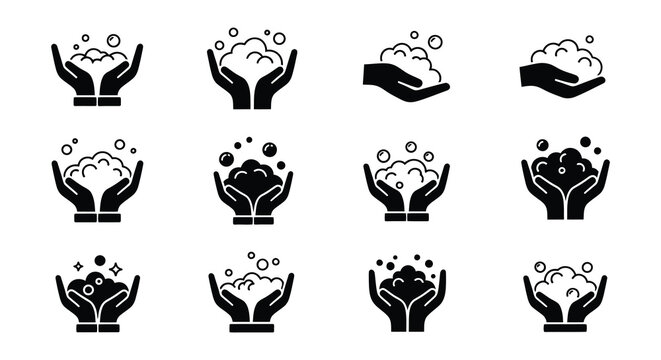 Black silhouettes of hands cupping water with bubbles hygiene icons