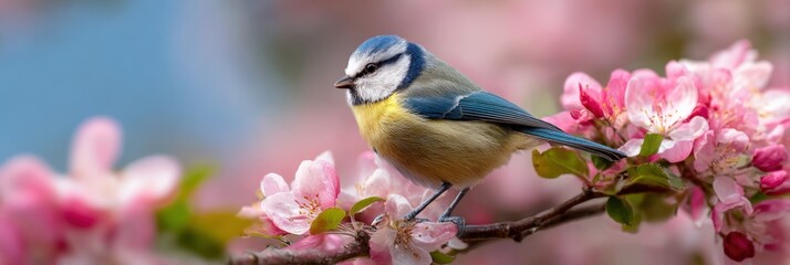 Fototapeta premium Colorful blue tit perched on cherry blossom branch in springtime