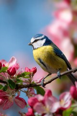 Fototapeta premium Blue tit perched on cherry blossom branch in springtime garden