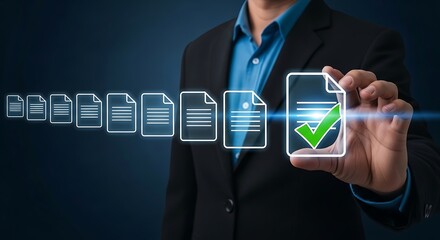 Businessman in suit holding illuminated document with a checkmark, digital data, blue background