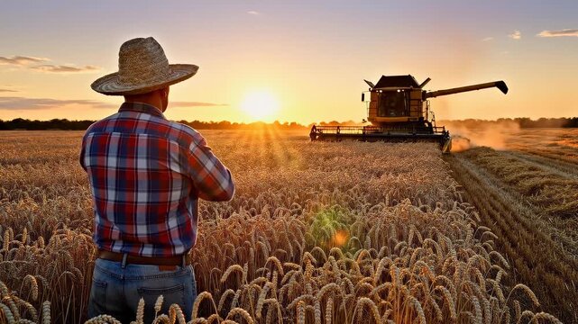 Farmer supervises wheat harvesting at sunset. Modern combine harvester works efficiently in golden fields. Blend of tradition and innovation in agriculture.