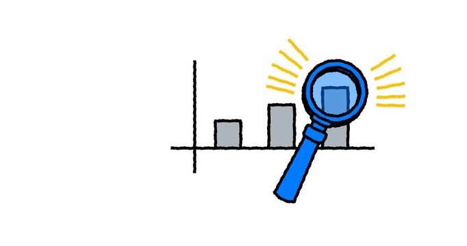 Hand drawn animated magnifying glass scanning a bar chart with blue accents and yellow rays. Market analysis, SEO audit and data research doodle sketch. 4K loop.