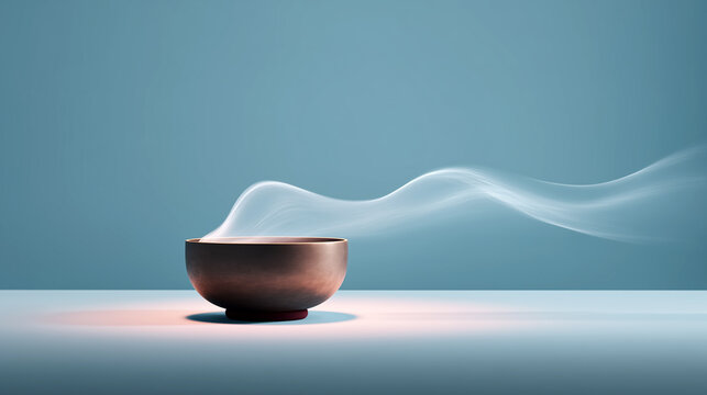 Bronze singing bowl emitting soft white smoke wave on minimalist blue background with warm glowing light underneath, sound therapy, meditation and energy healing concept.