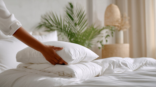 Person arranging fresh white pillow on clean bed with soft white bedding in bright minimalist bedroom with green plant, perfect hotel housekeeping and home comfort concept.