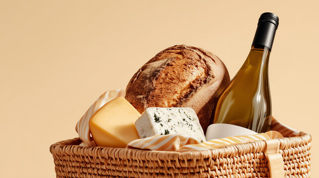 Picnic basket filled with artisan bread, cheese varieties, wine bottle, striped cloth. Gourmet food selection, sustainable packaging, organic products, outdoor dining essentials, beige background.