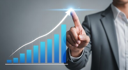 Businessperson points to a glowing upward arrow over a rising bar graph, symbolizing growth