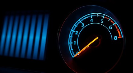 Car dashboard detail showing lit gauges and display against dark background