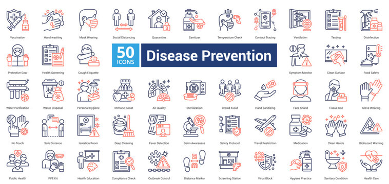 Disease Prevention icon set in dual tone style contains 50 icons including ventilation, testing, disinfection, protective gear, health screening, cough etiquette and symptom monitor icon