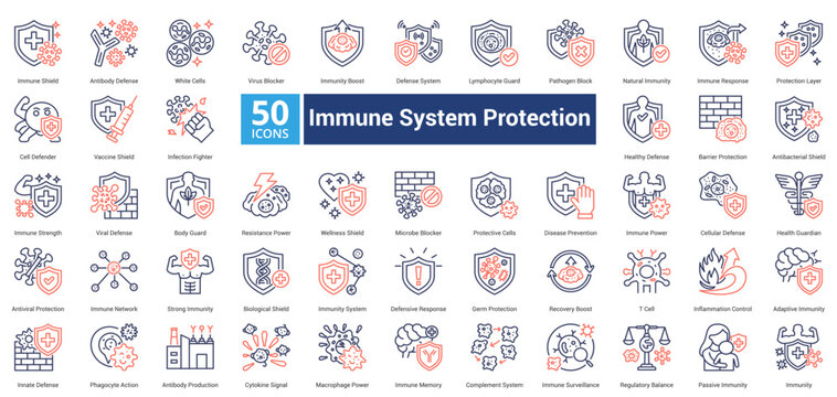 Immune System Protection icon set in dual tone style contains 50 icons including natural immunity, immune response, protection layer, cell defender, vaccine, infection fighter and healthy defense icon
