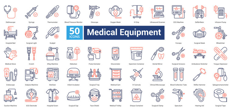 Medical Equipment icon set in dual tone style contains 50 icons including infusion pump, hospital bed, surgical light, scalpel, forceps, surgical mask, wheelchair dan medical glove icon