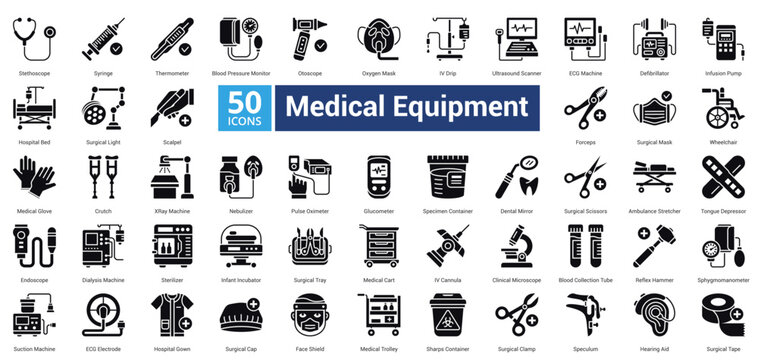 Medical Equipment icon set in glyph style contains 50 icons including crutch, x-ray machine, nebulizer, pulse oximeter, glucometer, specimen container, dental mirror dan surgical scissors icon