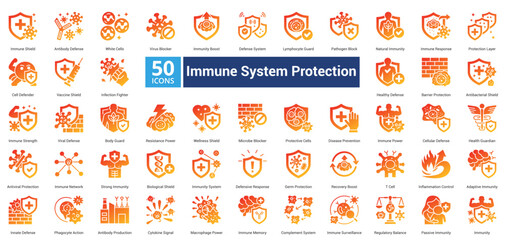 Immune System Protection icon set in glyph gradient style contains 50 icons including microbe blocker, protective cells, disease prevention, immune power, health guardian and antiviral protection icon
