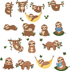 Fototapeta premium Cartoon sloth illustrations collection with playful poses, hanging, reading, relaxing, hammock, climbing, sitting, cute animal artwork design
