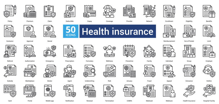 Health Insurance icon set in outline style contains 50 icons including marketplace, broker, agent, underwriting, risk, actuary and fraud icon