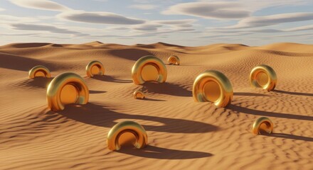 Golden Rings Scattered in Desert Dunes Under a Cloudy Sky