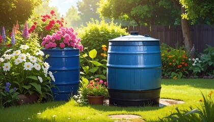 Blue rain barrels with blooming flowers in sunny garden eco water conservation