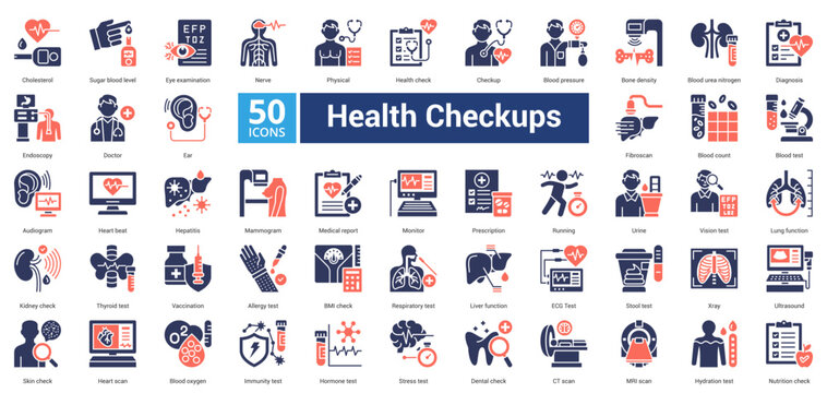 Health Checkups icon set in mixed dual color style contains 50 icons including dental check, ct scan, mri scan, hydration test, nutrition check, diagnosis and blood test icon