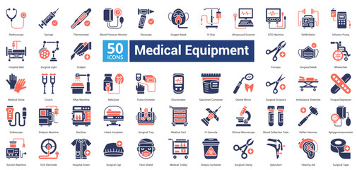 Medical Equipment icon set in mixed dual color style contains 50 icons including speculum, hearing aid, surgical tape, ultrasound scanner, blood pressure monitor, infusion pump dan nebulizer icon