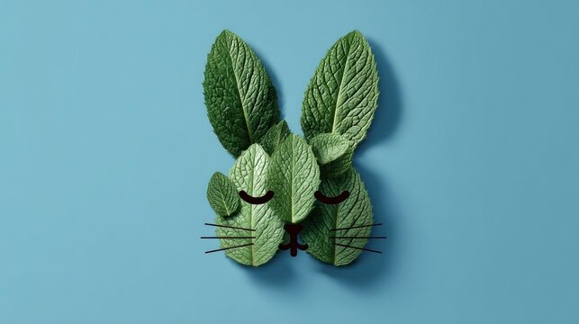 A bunny face is formed from green leaves against a light blue backdrop. Simple lines depict closed eyes, whiskers, and a nose