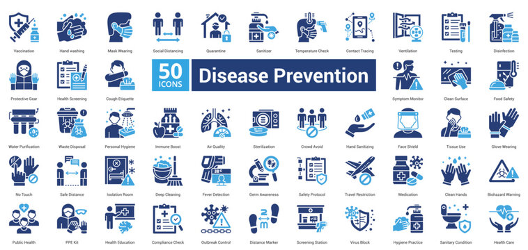 Disease Prevention icon set in two color style contains 50 icons including vaccination, sanitizer, disinfection, protective gear, personal hygiene, sterilization and public health icon