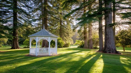 Fototapeta premium White wooden gazebo surrounded by tall trees and lush green grass in a serene park setting, sunlight filtering through foliage creating soft shadows