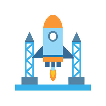 Cartoon rocket on launchpad ready for takeoff, flat style vector design