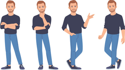 Fototapeta premium Casual young man character set with various poses and gestures, bearded male in dark shirt and jeans, full body flat vector illustration