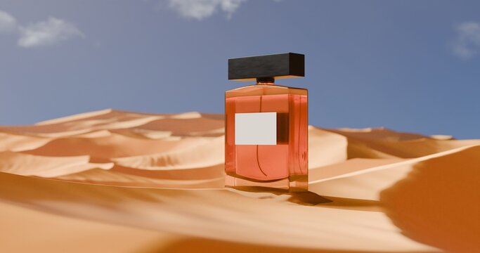 3d render of perfume bottle in the desert. Blue sky, dry desert in the background.