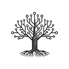 Circuit board tree with roots and branches on white background