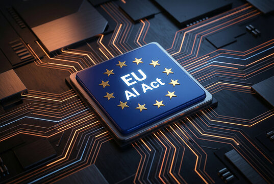 EU AI Act text on microchip with European stars and glowing circuits. Concept of technology regulation and digital policy.