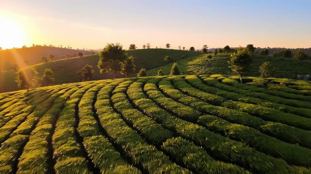 Scenic tea plantation at sunrise. Lush green tea leaves create stunning patterns on hills. Nature's beauty enhances serene atmosphere, perfect for relaxation and inspiration.