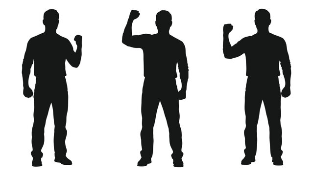 Three identical silhouettes of a man raising his arm in a gesture of triumph