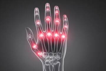Naklejka premium illustration of human hand skeleton with inflamed red joints