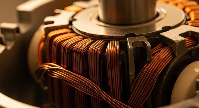 Close up of copper windings in an electric motor or generator.