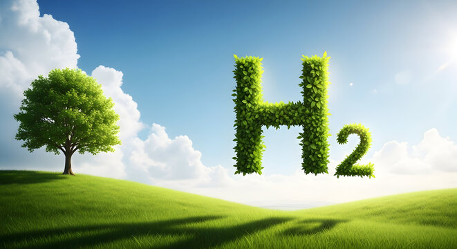 Hydrogen energy concept with green h2 logo and tree