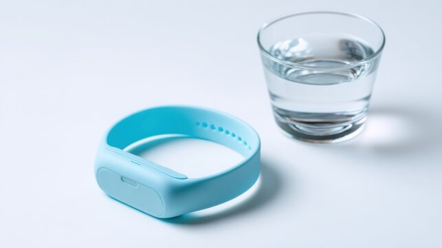 Light-blue fitness tracker, unbuckled, sits beside a clear glass of water on a clean, white surface