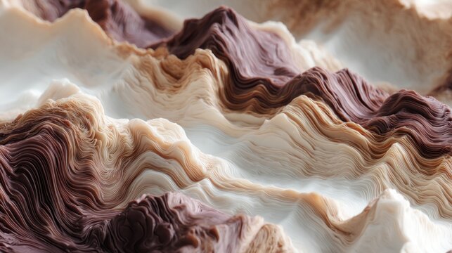 Layered, textured topographic surface with soft, muted shades of brown, cream, and white resembling dunes