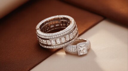 Naklejka premium Two ornate, diamond-studded rings are showcased against a two-toned brown surface