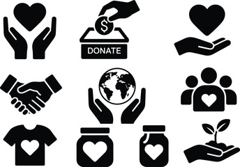 Black icons representing donation, charity, and helping hands on white background Keywords: donation, charity, helping, hands © Mst