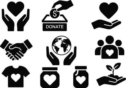 Black icons representing donation, charity, and helping hands on white background Keywords: donation, charity, helping, hands