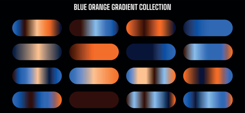 Vector blue and orange gradient swatches collection, smooth color transitions for UI, web, app, graphic design, background, banner, poster
