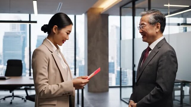 Asian man hands red packet to woman in modern office